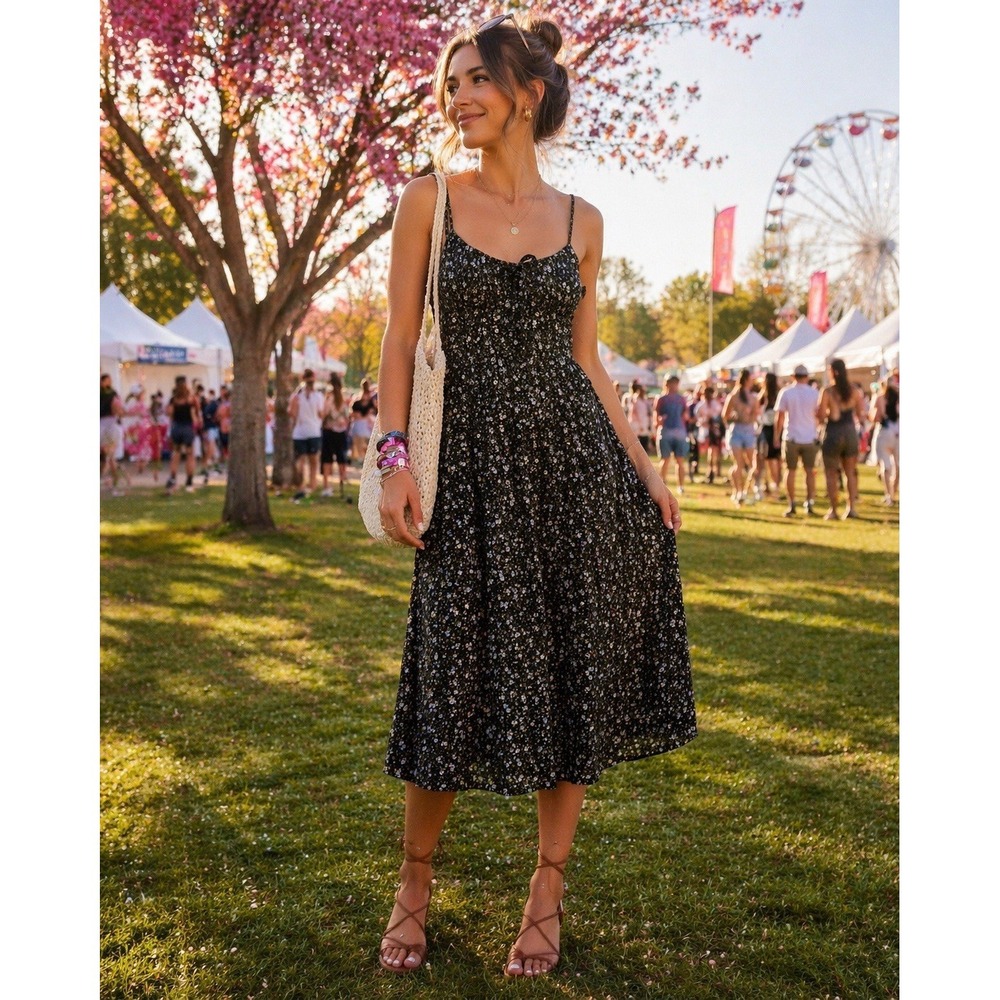 Woman's Navy Floral Print‎ Shirred Bust Midi Sun Dress Sz 00 Boho Festival